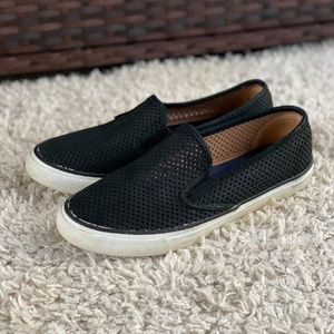 Sperry Seaside Perforated Sneaker Black Leather Slip On Casual Shoes Gores GUC